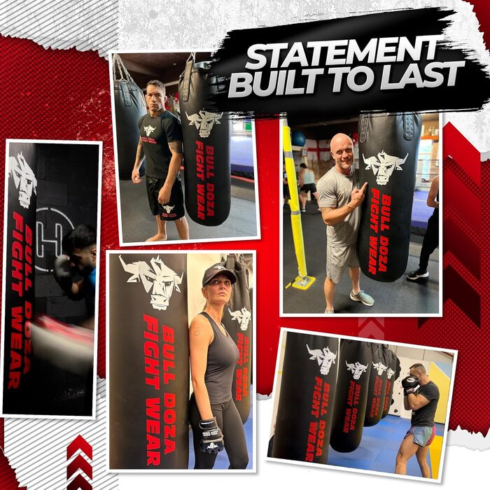 BULL DOZA FIGHT WEAR самонаповнюваний боксерський мішок XL 4FT, для MMA, боксу, кікбоксингу, Муай Тай, тхеквондо, з підвісними ланцюгами, карабіном, чорний, для єдиноборств