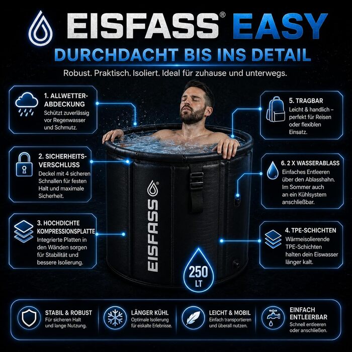 Преміум ванна для льоду Easy для домашнього використання — переносна крижана ванна для криотерапії та відновлення, з кришкою, термометром та засобами для догляду за водою