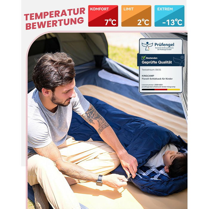 Спальний мішок дитячий KingCamp Flannel, 7°C, Navy, для дітей до 140 см, 4 сезони, водонепроникний, компактний