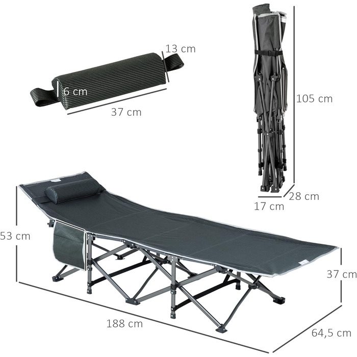 Розкладне туристичне ліжко Outsunny з подушкою та кишенею, сіре, 188 x 64,5 x 53 см, до 150 кг