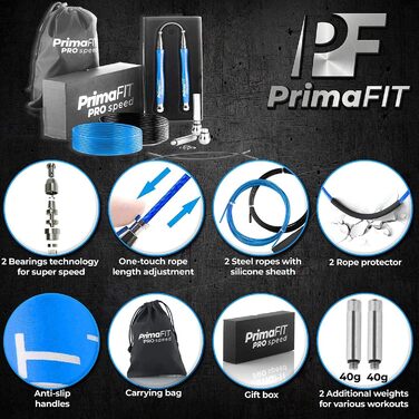Скакалка PrimaFIT для дорослих: професійна, з регулюванням, з вагою, 3м, з підшипниками, антиковзні ручки, для боксу, MMA, CrossFit, з мішком.