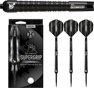 Набір дротиків Harrows SUPERGRIP Black Edition, 90% вольфрам, 28 г, з наконечником зі сталі, з насадками та оперенням Supergrip