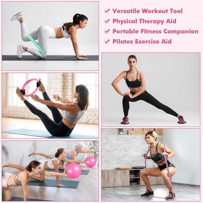 Набір для пілатесу: кільце, еластичні стрічки, фітбол, диски для ковзання, плакат з інструкцією. Комплект для домашніх тренувань. Рожевий, посилений
