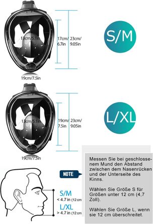 Маска для снорклінгу повного обличчя 180° Schwarz L-XL: дихання через ніс, антифог, антипротікання, регульовані ремені для дорослих та дітей