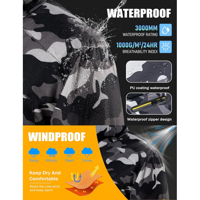 Чоловіча зимова флісова куртка MAGCOMSEN з підкладкою, для катання на лижах, Outdoor, вітронепроникна, водонепроникна, тепла, функціональна куртка з капюшоном для походів та кемпінгу (Чорний-Камуфляж, L)