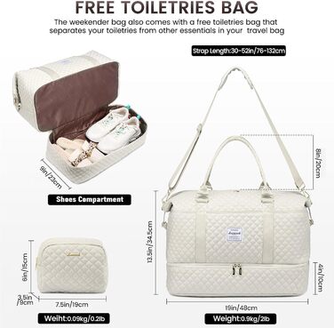Спортивна сумка LOVEVOOK для жінок: велика дорожня сумка-мішок з косметичкою, відділенням для взуття та мокрих речей. Ідеальна для подорожей, клініки, пологів, вихідних. Водостійка сумка ручної поклажі для літака. 2 шт. Бежевий колір.