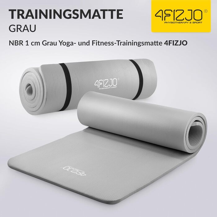 Фітнес-мат 4FIZJO 180x60 см, сірий, 1 см - килимок для йоги, пілатесу та спорту з ременем