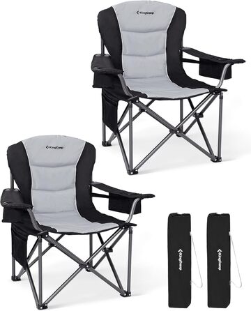 Крісло для кемпінгу KingCamp XXL, 205 кг, чорне, з регульованою спинкою, підсклянник та кишеня для напоїв