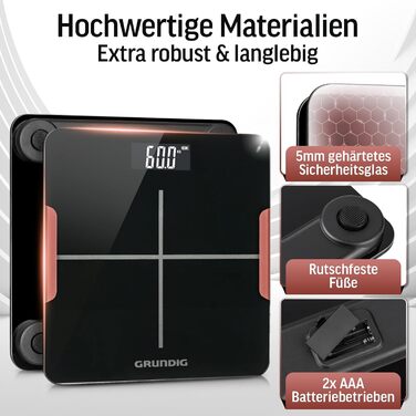 Ваги Grundig для людей: цифрові ваги, до 180 кг, прецизійні сенсори, LCD дисплей, чорний колір (з батарейками)