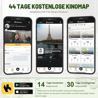 Гребний тренажер Kitopa з водою, дерев'яний, для дому, складаний, з Kinomap (30 днів), максимальна висота користувача 2м, вага до 160кг, Bluetooth, дисплей, регульований тримач для телефону, коричневий