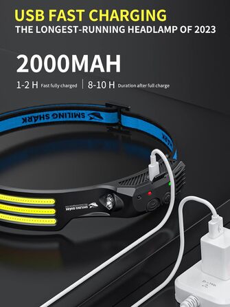 Крізьлампа Smiling Shark: 230° кут огляду, 3 LED, біле світло, перезаряджувана, водонепроникна. Ідеально для кемпінгу, бігу, риболовлі.