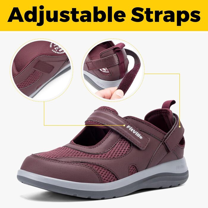 Стрічки FitVille для жінок, літні сандалії для догляду за ногами, Mary Jane з липучкою, широка модель, 35.5 EU, бордовий колір