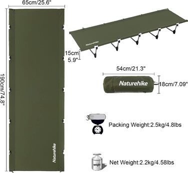 Кемпінгове ліжко Naturehike Ultraleichtes: легке, портативне, для дорослих, до 150 кг, темно-зелене
