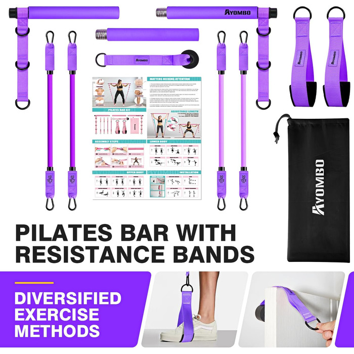 Набір для пілатесу з еластичними стрічками та регульованою штангою, мультифункціональне обладнання для фітнесу вдома, аксесуари для пілатесу