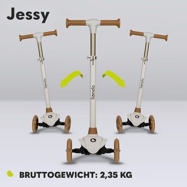 Дитячий триколісний самокат LIONELO Jessy Premium з LED-підсвіткою коліс, регульованою висотою та протиковзкою платформою, коричневий (до 50 кг, для дітей від 3 років)