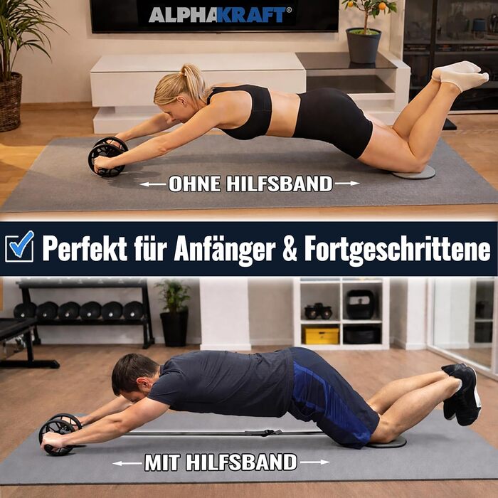 ALPHAKRAFT Ролик для пресу AB Roller з гумовим кільцем та накладками на коліна | Преміум ролик для тренування м'язів живота вдома | Ролик для пресу та тренажер для кора з планом тренувань