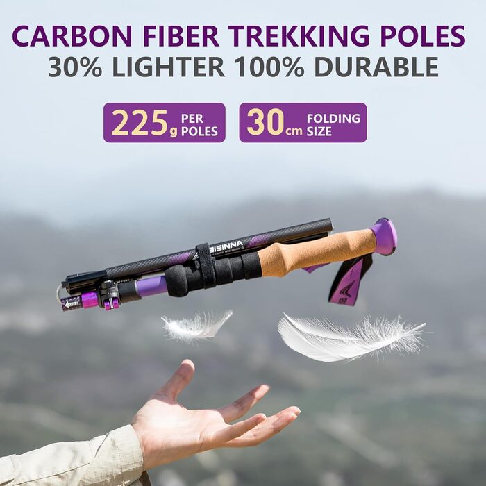 Телескопічні палиці для скандинавської ходьби та гірських походів BISINNA, карбонові, з корковими ручками, ультралегкі, фіолетові, 100-115 см