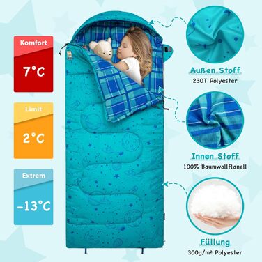 Сплячий мішок KingCamp для дітей, фланелевий, легкий, водонепроникний, компактний, зимовий, 4 сезони, для кемпінгу, підходить для дітей до 140 см, комфортна температура: 7°C (Блакитний L)