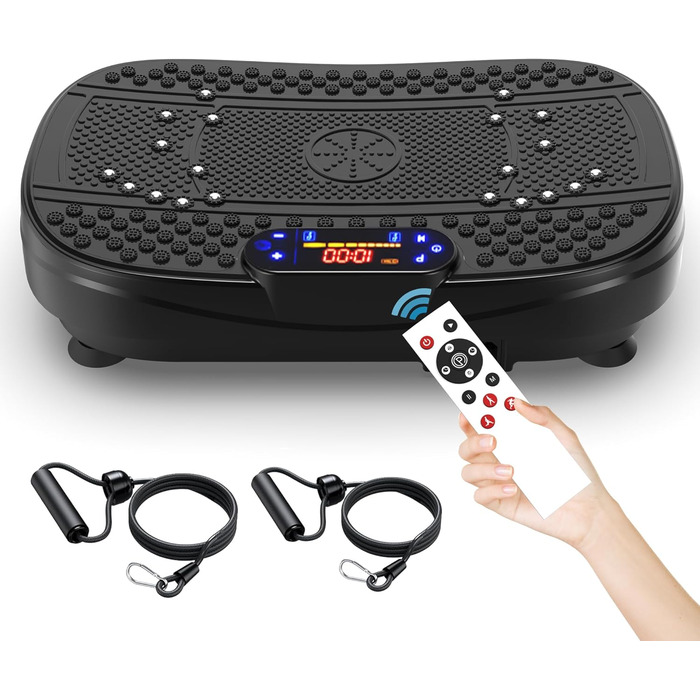 Вібраційна платформа для дому - тренажер для схуднення та формування тіла з 120 рівнями, 5 режимами, з еластичними стрічками та пультом дистанційного керування, для спалювання жиру та нарощування м'язів, ідеально для дому та домашнього спортзалу, чорного 