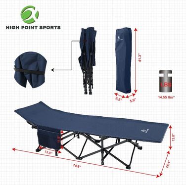 Розкладне ліжко для кемпінгу HIGH POINT SPORTS XXL (270 кг) - стабільне, легке, з сумкою та кишенею, 190x67x35 см, темно-сірий