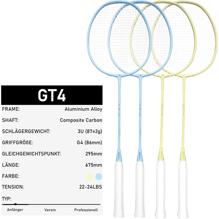 Набір для бадмінтону OGEENIER: 4 ракетки, 6 воланів, сумка, блакитний+жовтий, 3 1/4 дюйма
