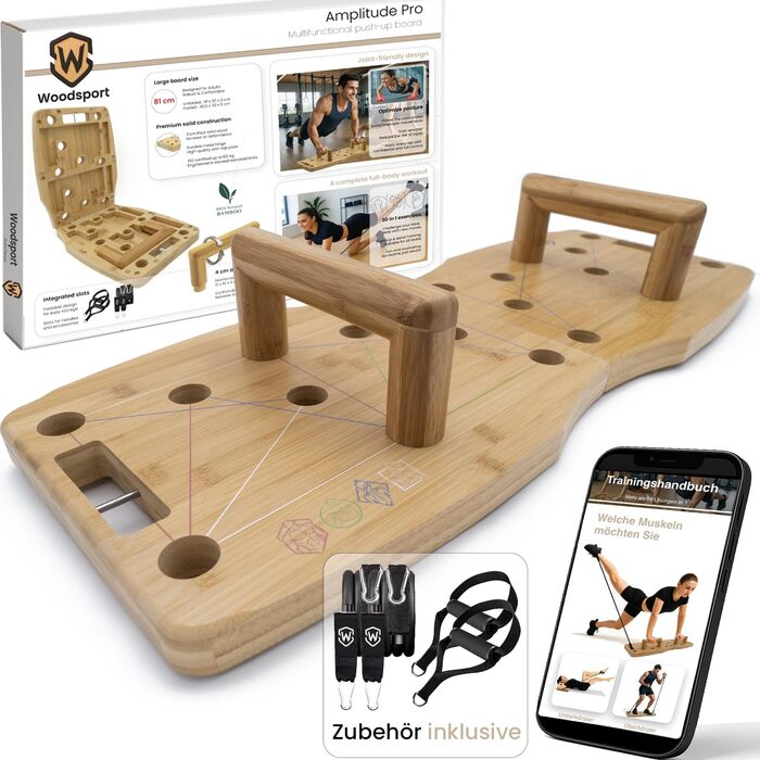 Дошка для віджимань Amplitude Pro з бамбука - преміум якість, 81 см | Складана, стабільна + гумки + інструкція 30 в 1