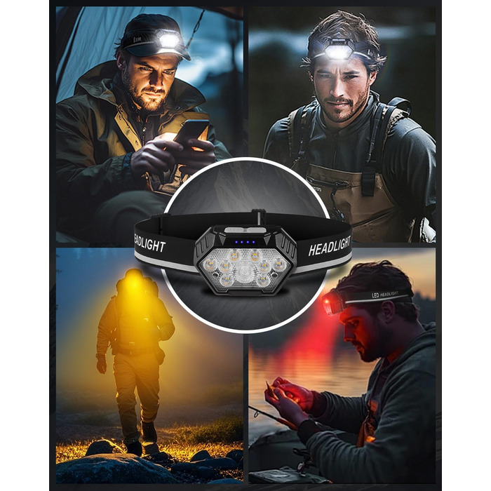 LED налобний ліхтар налобний ліхтар, перезаряжається, 9 LED, 1500mAh, кут нахилу 45°, 4 режими світла з датчиком руху, червоне світло, водонепроникний IPX4, для бігу вночі, піших прогулянок, кемпінгу, риболовлі, чорний