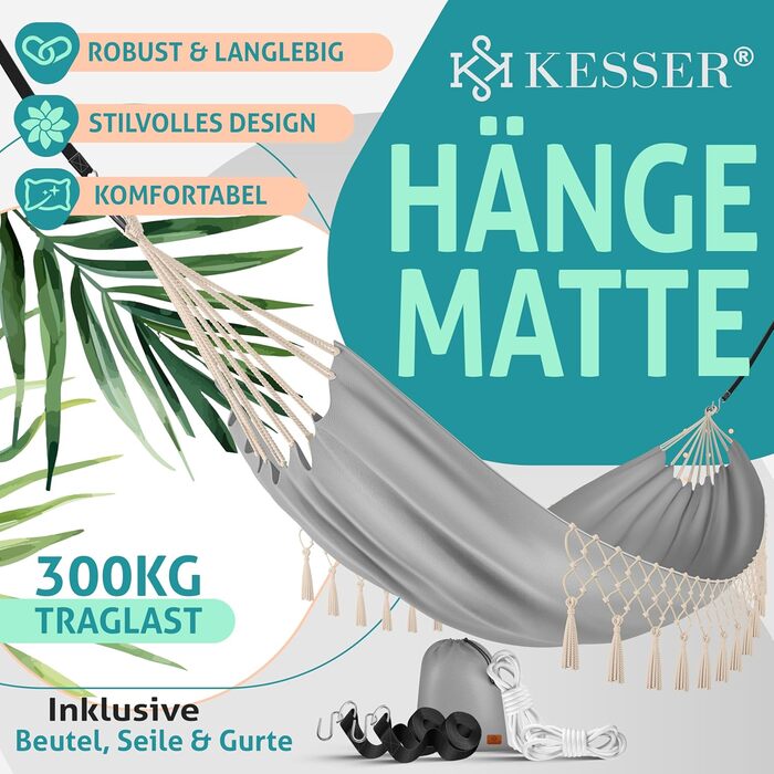 Гамак KESSER® 320x150 см, до 300 кг, сірий – для кемпінгу, саду та відпочинку на природі (з мішком, мотузками та ременями)