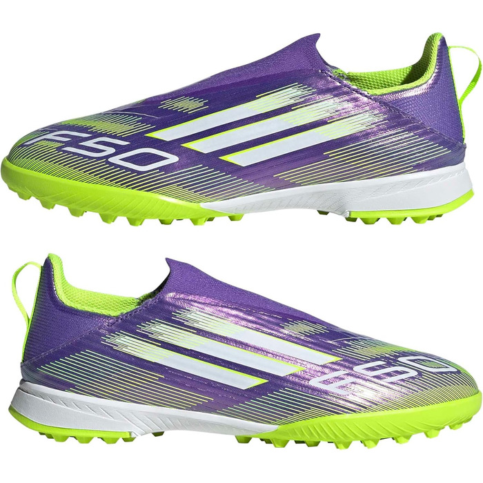 Дитячі футбольні бутси adidas F50 League Laceless для твердого поля, 34 EU, Purple Rush/Cloud White/Lucid Lemon