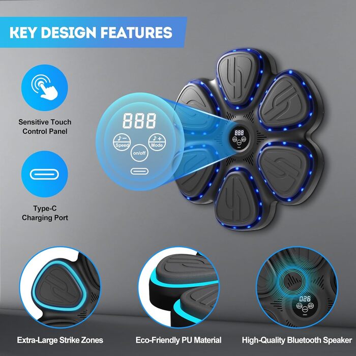 Музична боксерська машина: тренажер для боксу вдома з Bluetooth, LED та акумулятором 1200mAh