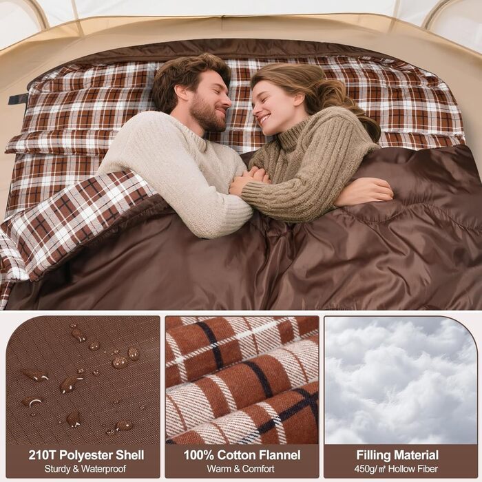 Спальний мішок Baumwolle для 2 осіб, зимовий, водонепроникний, Queen Size, для кемпінгу та подорожей на автодомі (колір: коричневий)