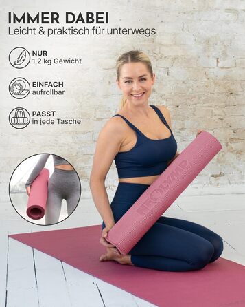 Килимок для йоги Neolymp протиковзкий та захищає суглоби – 183x61 см – PVC – для йоги, пілатесу – з E-Book та відео-управами (Рожевий)