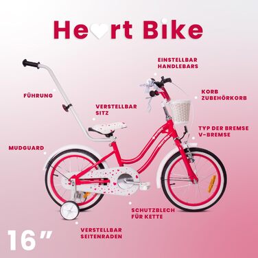 Дитяче велосипед Sun Baby Heart Bike 12/14/16 дюймів, знімний ручка-штовхач, для дівчаток 2-6 років (полуниця, 16 дюймів)