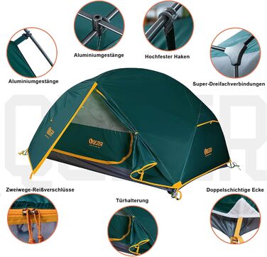 Намет кемпінговий купольний 2-місний Campingzelt водонепроникний, вітрозахисний, для походу, кемпінгу та активного відпочинку, 1.85/2.3 кг, зелений