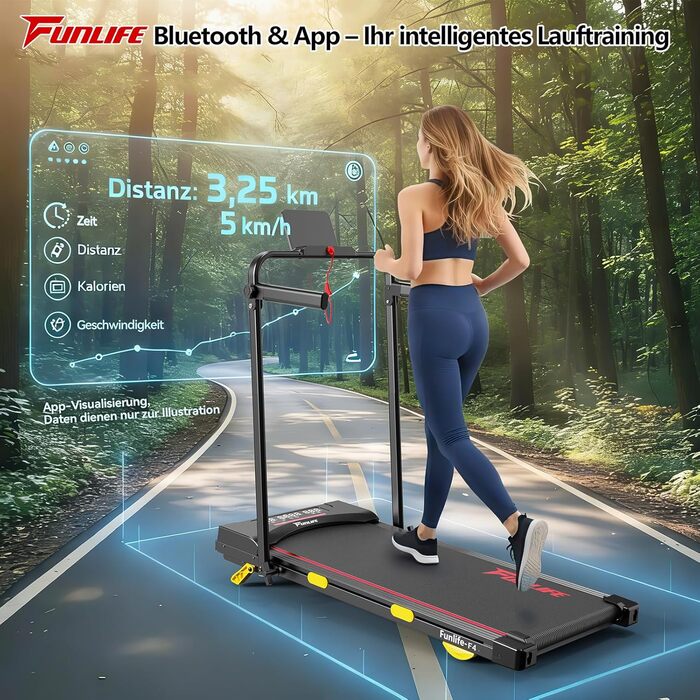 Біговий тренажер FunLife F4 (оновлення 2025) – 4-в-1, складний, з кутом нахилу 7%, керування через додаток, тихий, з двома ручками та страхувальним тросом, 1-12 км/год, для дому, для людей похилого віку, червоний