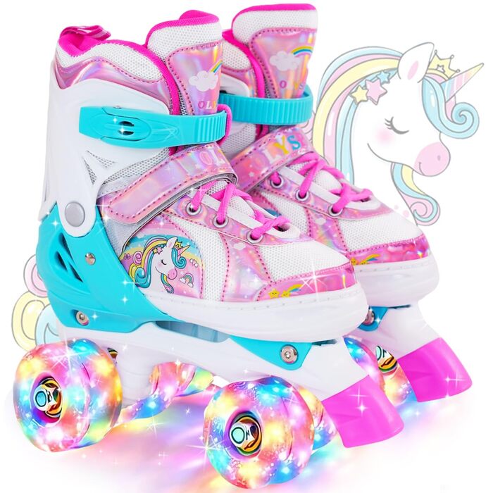 Роликові ковзани для дівчаток та дітей, 4 розміри, регульовані, з 8 світлодіодними колесами, рожеві