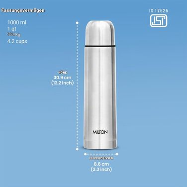 Термос Milton Thermosteel Flip Lid 1000 мл, вакуумна stainless steel пляшка для напоїв (гарячі та холодні), герметична, срібляста