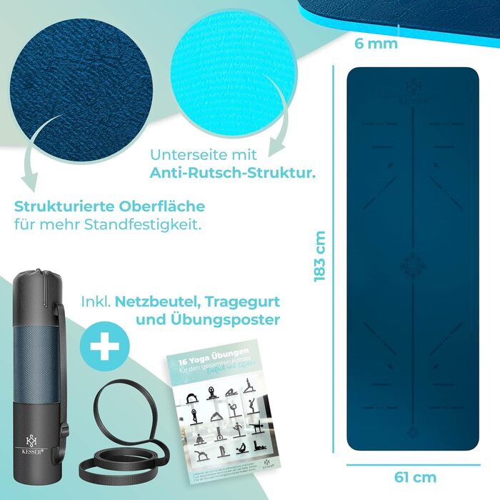 Килимок для гімнастики KESSER® з ручкою для перенесення, антиковзкий, TPE, з підкладкою, фітнес, спортивний, для фітнесу, пілатесу та гімнастики, 183 x 61 см, темно-синій / синій