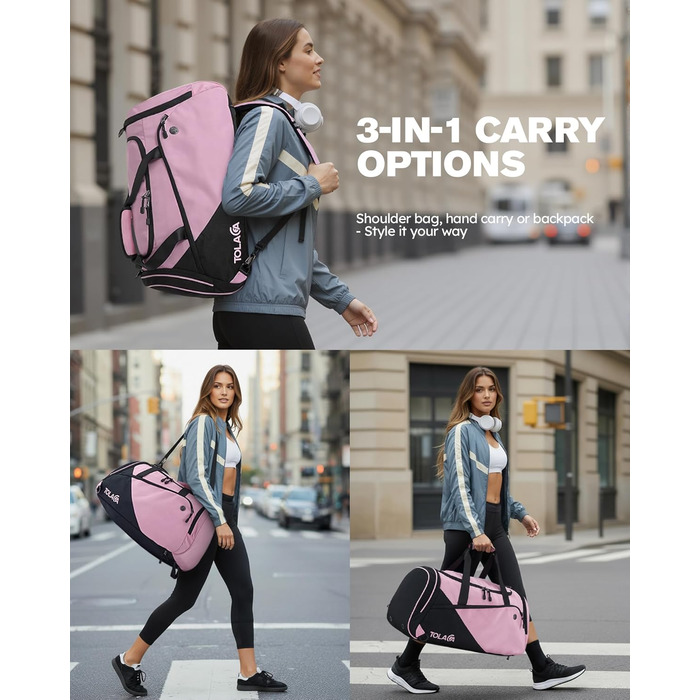 Спортивна сумка Tolaccea для чоловіків та жінок з відділенням для взуття та мокрих речей, рюкзак-дуffel для тренувань, фітнесу, басейну, подорожей (47л, чорно-рожевий)
