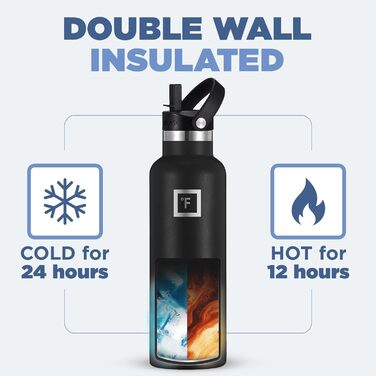 Фляга для води з нержавіючої сталі з 3 кришками - термофляга, витікання, ізольована, без BPA, для спорту, школи, фітнесу, кемпінгу, чорний колір Midnight Black, 710 мл