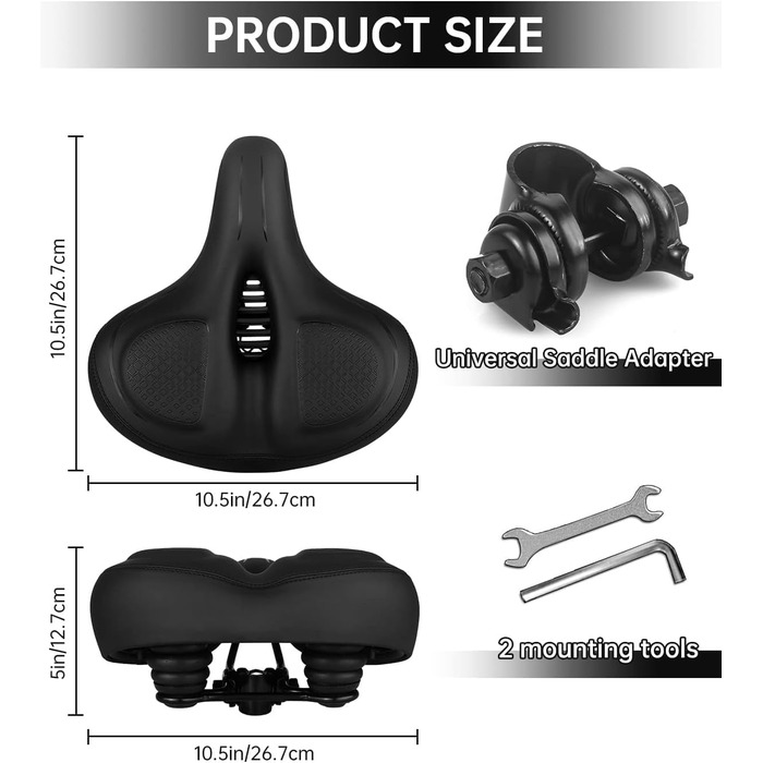 Широке велосипедне сідло для жінок та чоловіків: комфортне, водонепроникне, з пам'яті піною. Підходить для міських, шосейних, гірських велосипедів та велотренажерів (Чорний/Чорний)