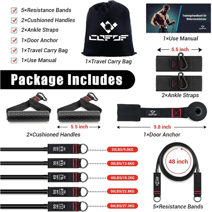 Набір еластичних стрічок для фітнесу, 5 шт. - стрічки для силових тренувань, фітнес-експандер з великими ручками, ремінці для кісточок, фіксатор для дверей, сумка, ідеально для пілатесу та силових тренувань (200lbs, чорний)