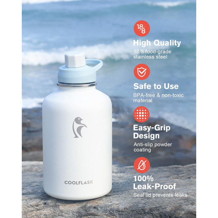Термобутилка Coolflask 2 л з нержавіючої сталі з PU-чохлом, ізольована пляшка для води з кришкою-трубочкою, зберігає холод 48 годин, тепло 24 години, Glacier White