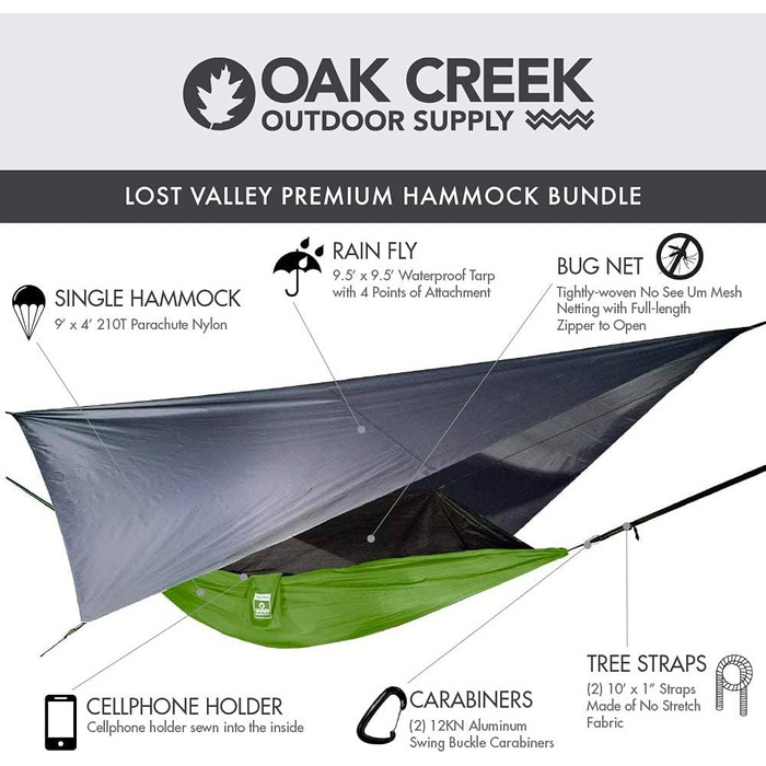 Гамак туристичний Oak Creek з москітною сіткою та тентом, комплект для кемпінгу, зелено-сірий (1.8 кг)