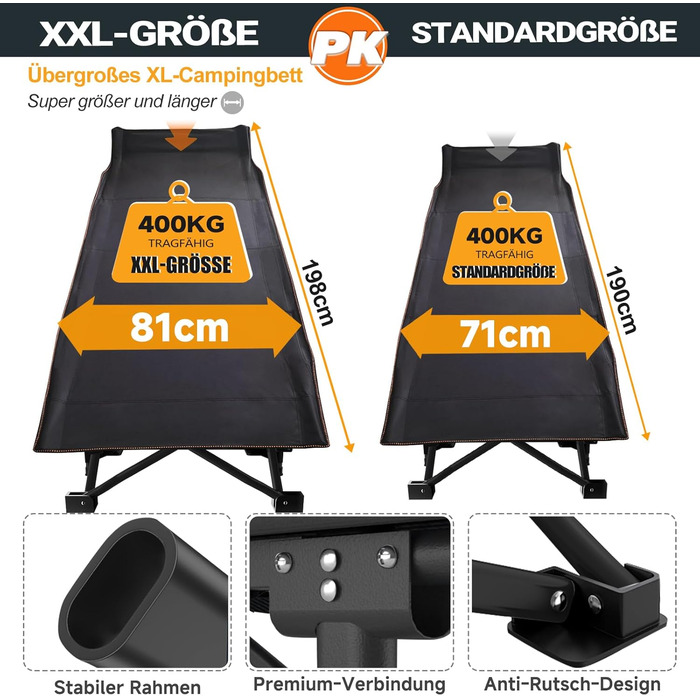 Розкладне кемпінгове ліжко MOPHOTO для дорослих з матом, 198 x 81,5 x 46 см, чорне