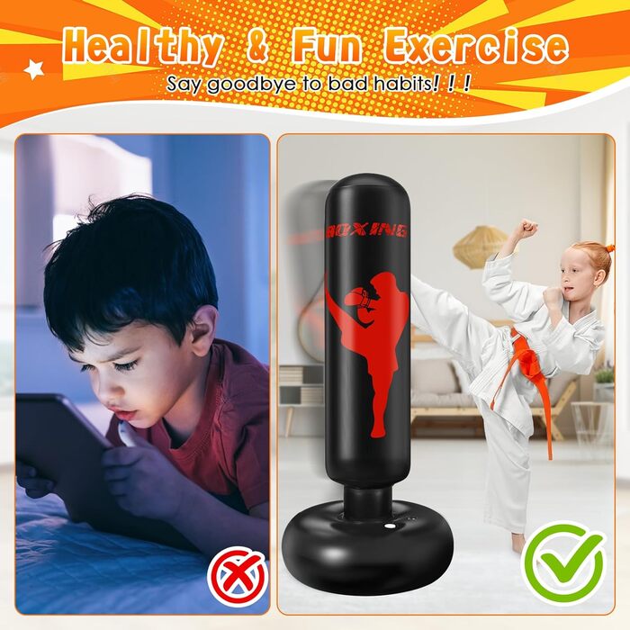 Боксерський мішок дитячий Ninonly 160 см з рукавичками та насосом - стійкий боксерський мішок для дому, вулиці, спортзалу для хлопчиків та дівчаток (чорний)