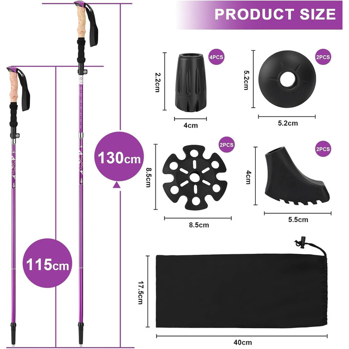 Телескопічні палиці для скандинавської ходьби та трекінгу, складані алюмінієві палиці для ходьби 115-135 см з гумовими наконечниками, унісекс