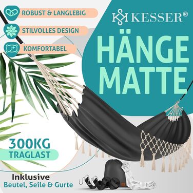 Гамак KESSER® 320x150 см, до 300 кг, з фрінгією, для кемпінгу та відпочинку на природі (Антрацит)
