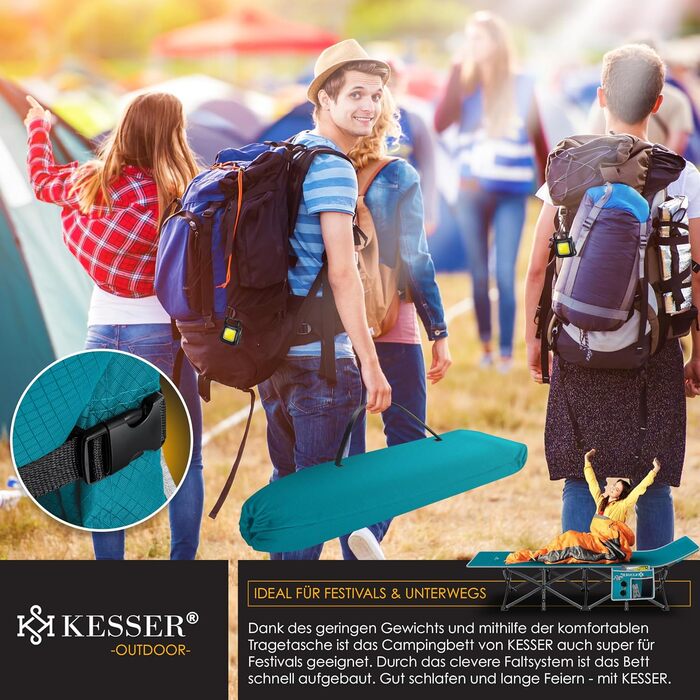 Кемпінгове ліжко KESSER®: розкладне металеве ліжко для відпочинку на природі з сумкою та світлом, 250 кг, Petrolblau