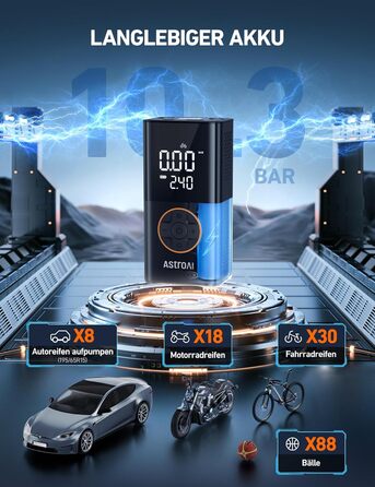 AstroAI Бездротова електрична повітряна помпа, портативна акумуляторна помпа для велосипеда з LED-ліхтариком, для велосипеда, електробіка, авто, мотоцикла, м'ячів (чорний)